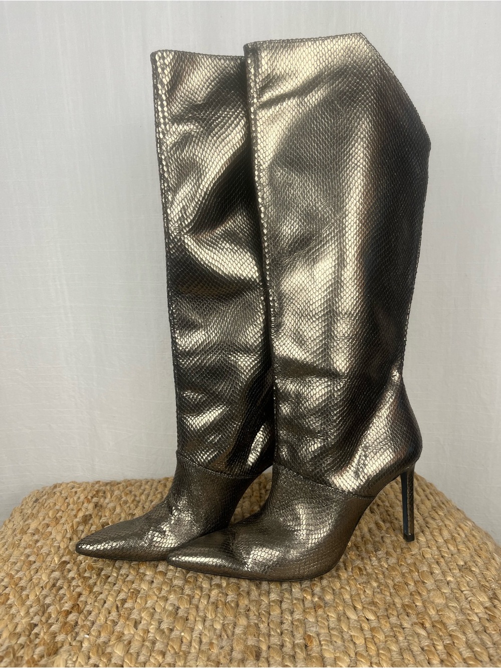 Zara Metallic Gunmetal Pointed-Toe Knee-High Stiletto Boots